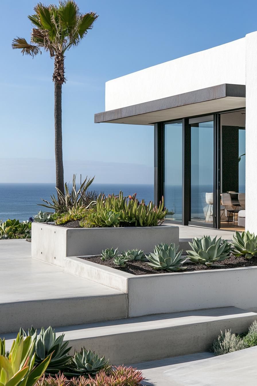 moder rooftop terrace of white concrete building concrete planters with succulents and leafy plants concrete paved ground sliding door to living 1