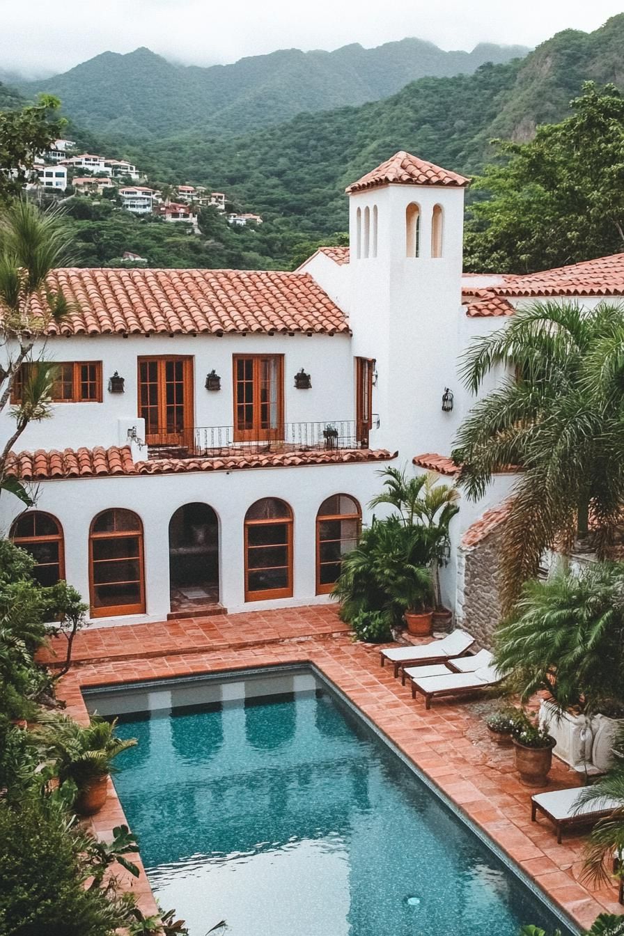 Mediterranean-style villa with terracotta roof and lush surroundings