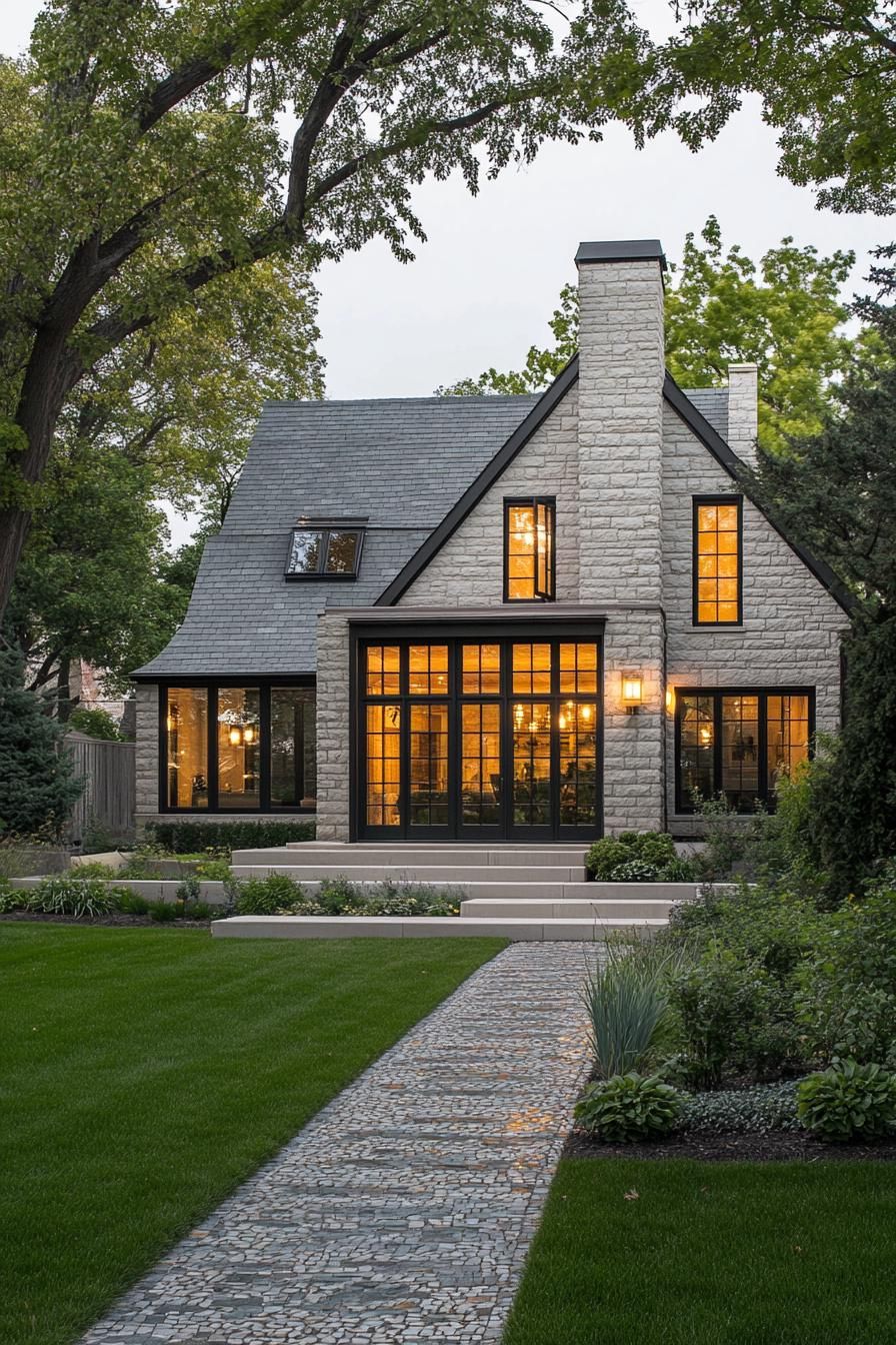 Stone house with glowing windows, surrounded by trees