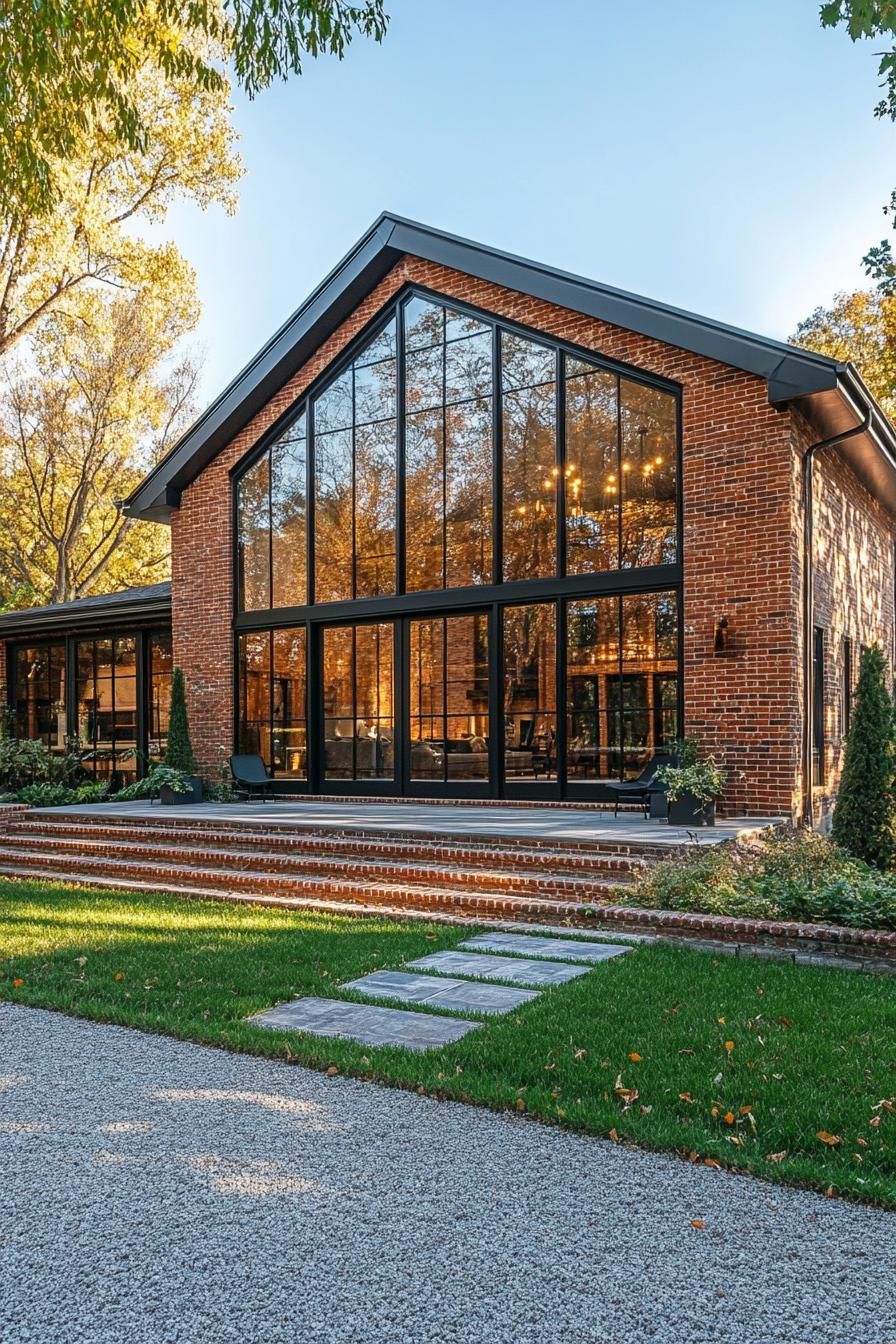 Brick barn house with large glass façade and elegant landscaping