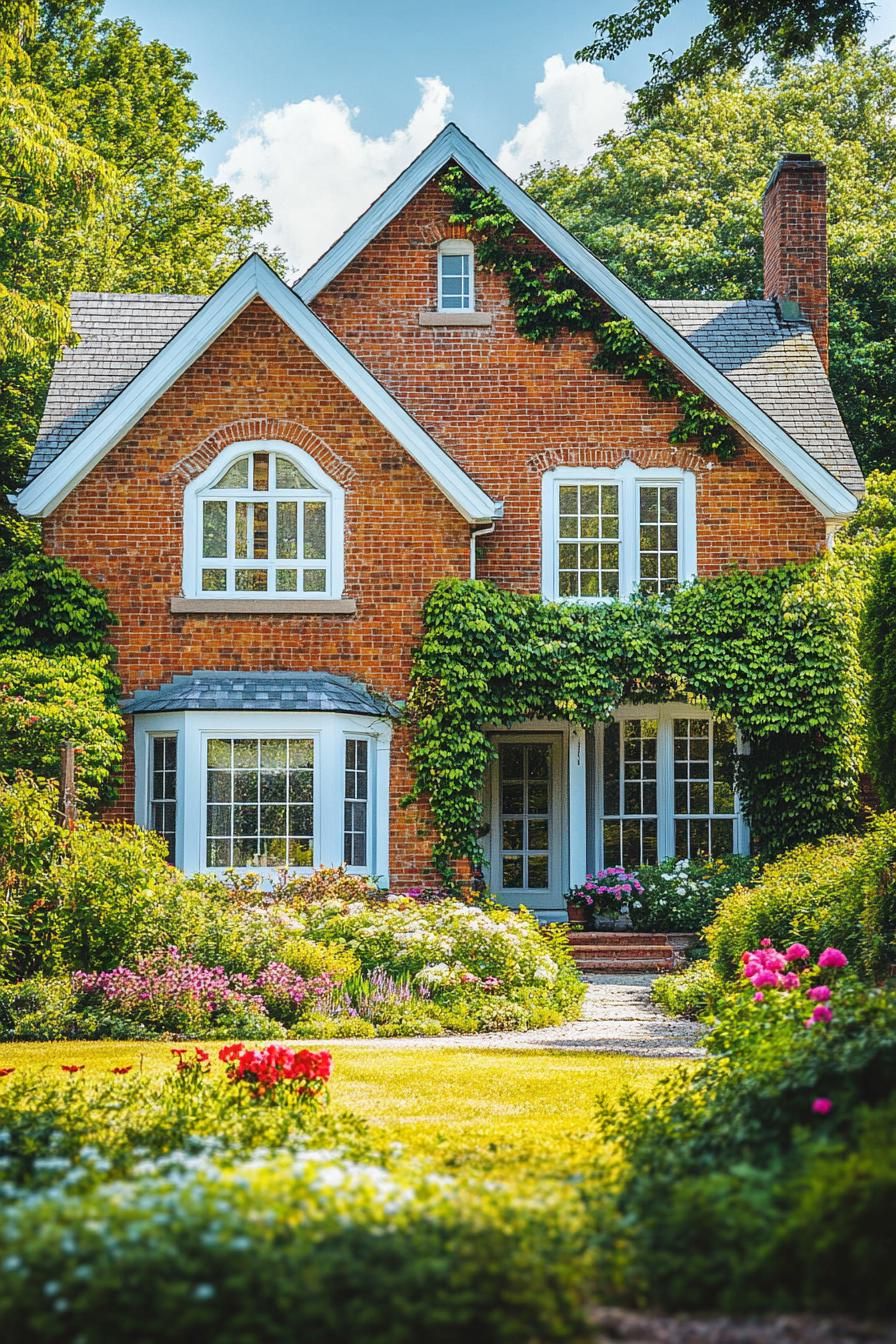 countryside English brick manor house with white windows bay windows vine on facade front yard with native flower garden