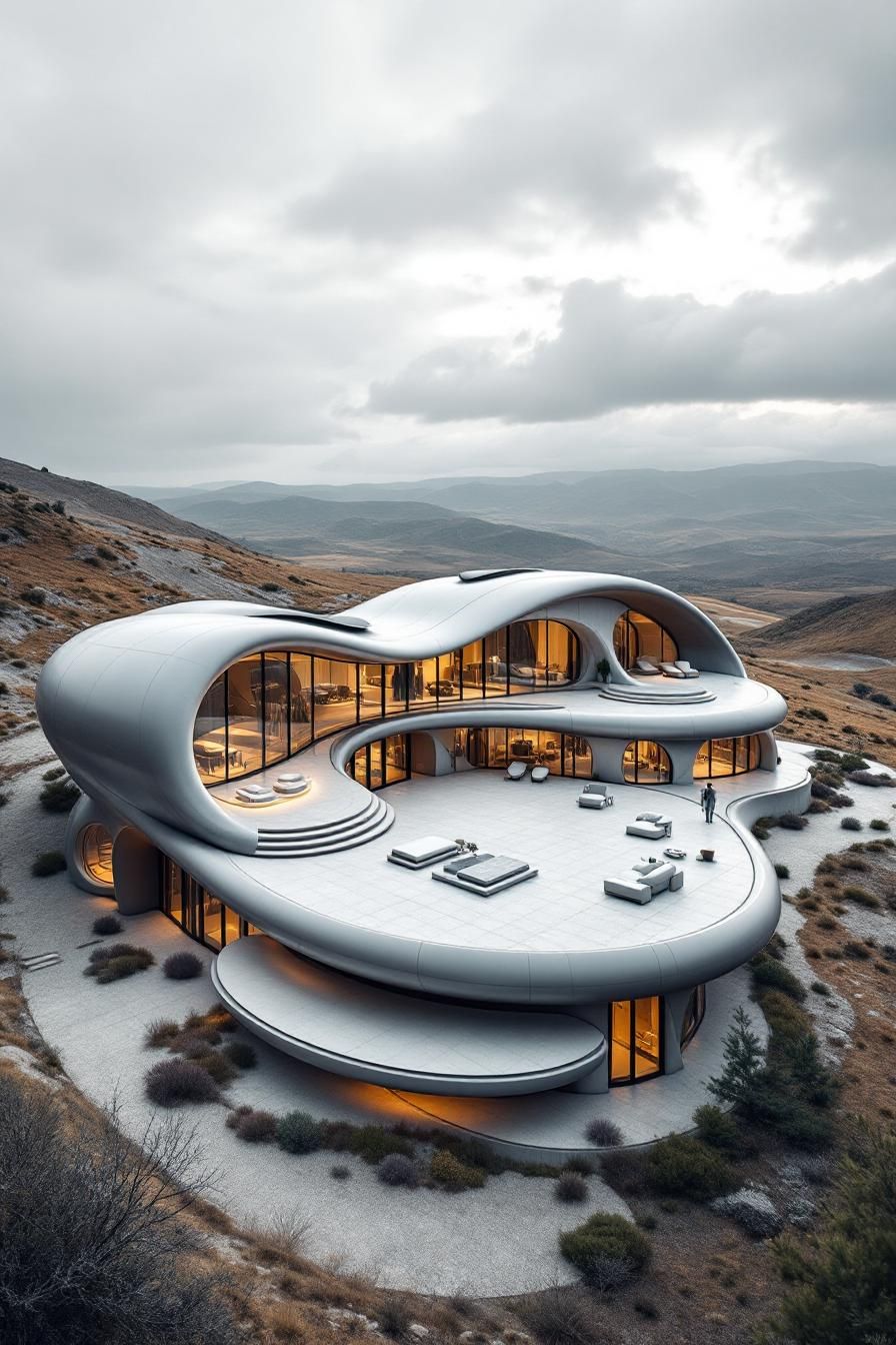 Futuristic home with smooth, wavy design on a hillside