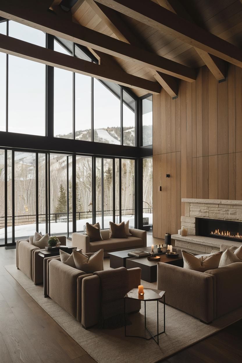 Cozy living room with modern design, large windows, and a fireplace