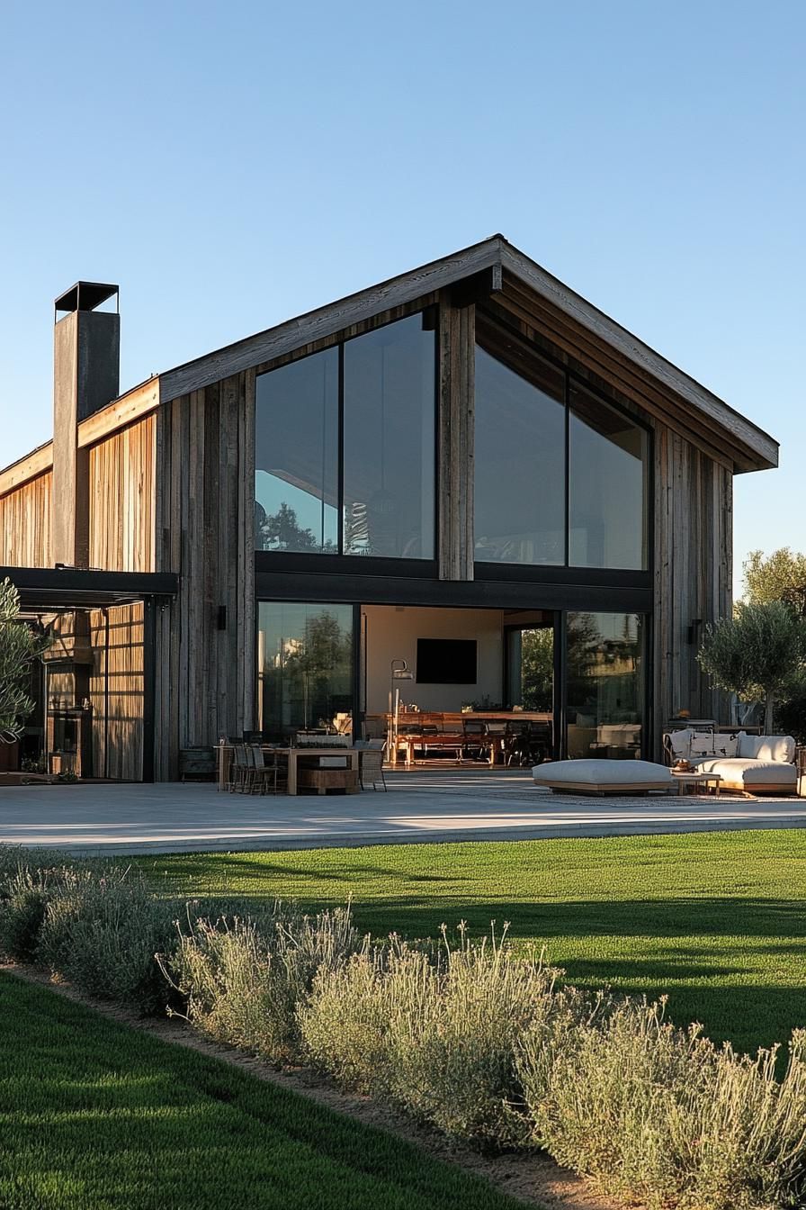 Modern barn with large glass panels and wood siding