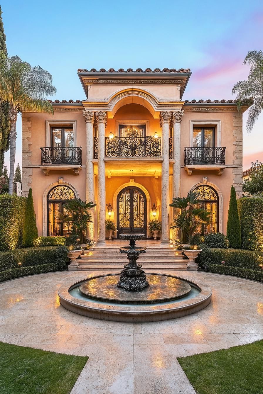 Luxury house with a grand entrance and fountain