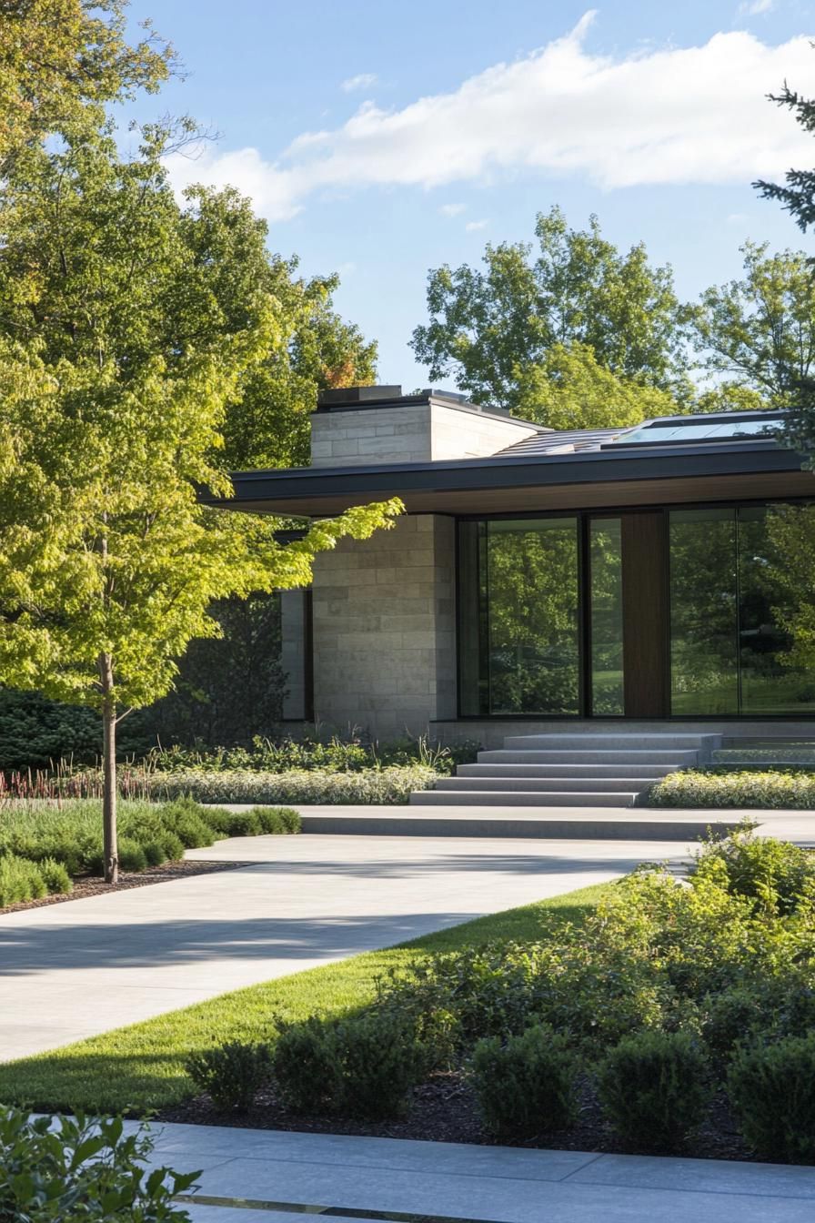 Modern house with glass and stone design surrounded by greenery