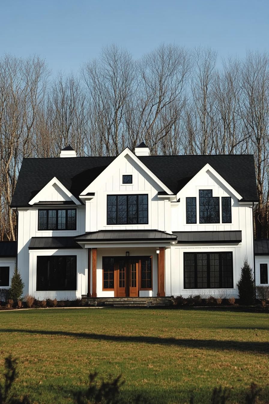 White house with striking black trim and large windows