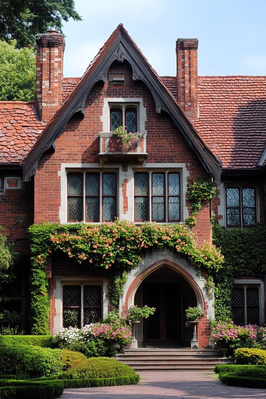 two story English red brick manor front facade with flower vines red shingle roof facade detailing garden with geometric shrubs 1