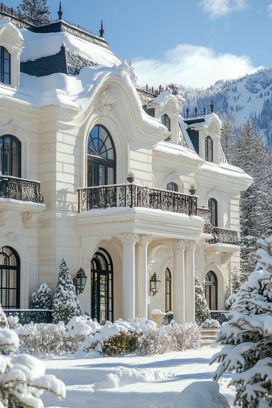 Luxurious snow-covered mansion with elegant architecture