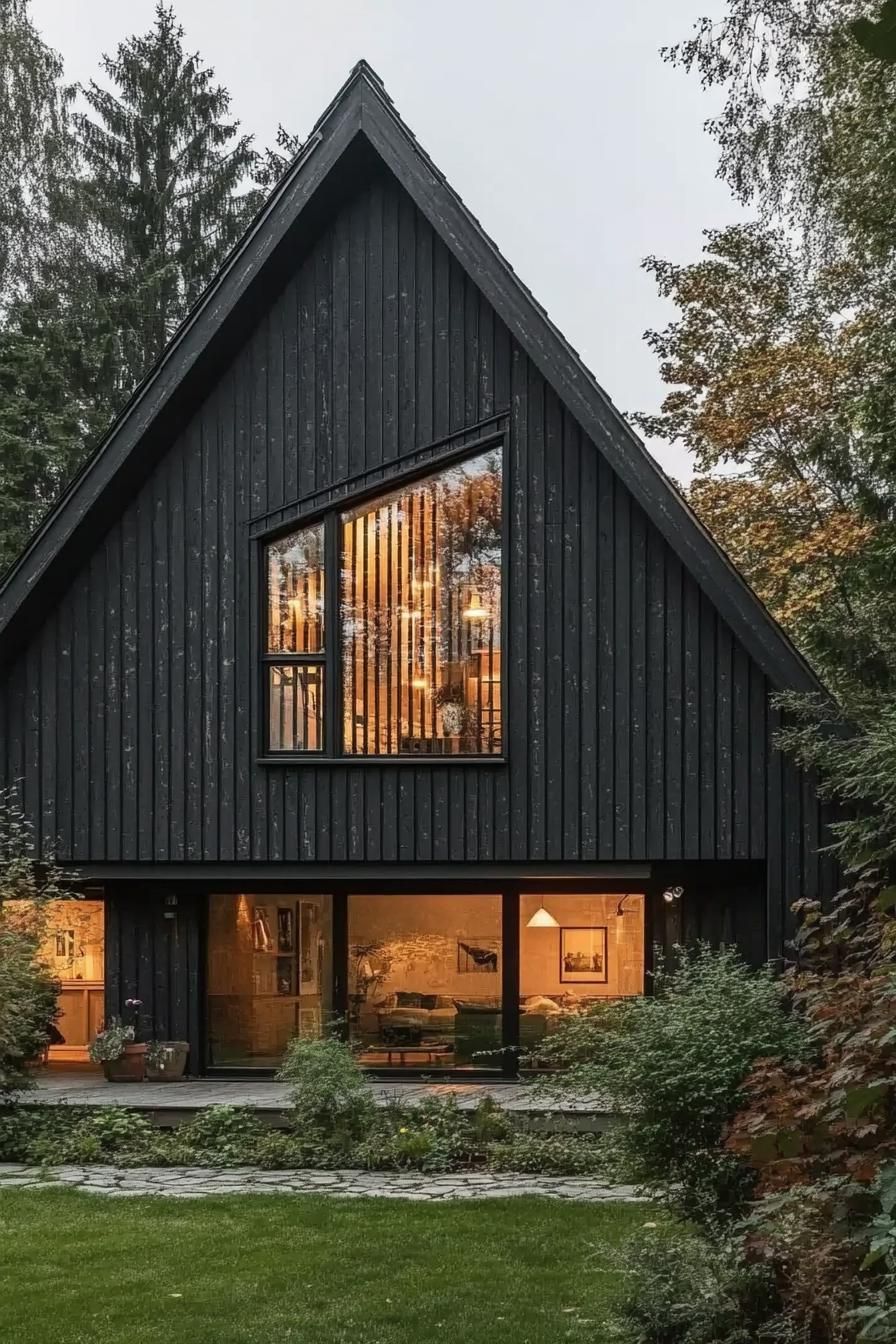 Modern black barn house with warm glowing interior