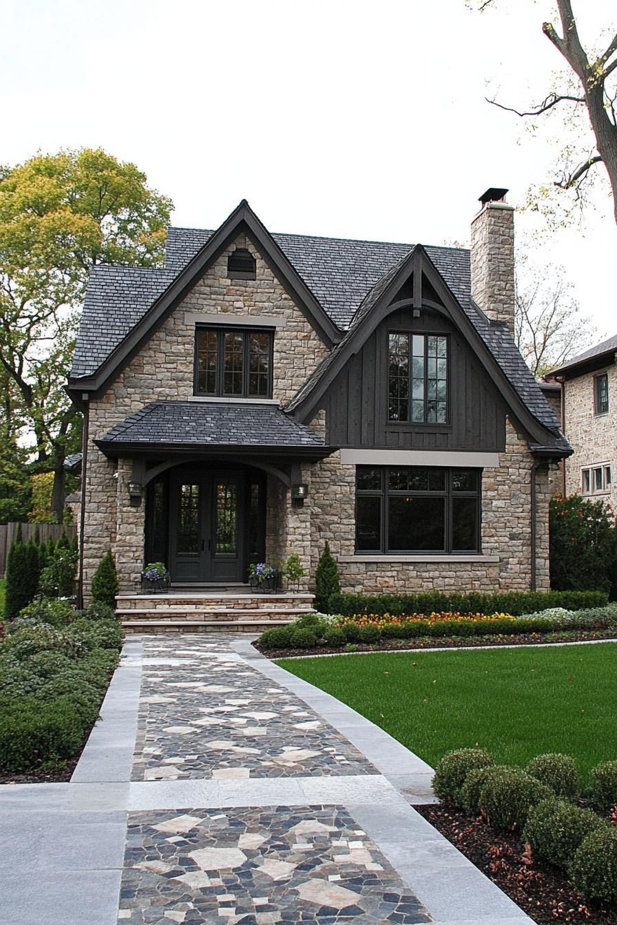 Classic stone house with gabled roof and charming walkway