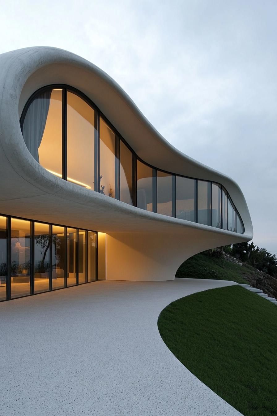 A futuristic home with sweeping curves and large glass windows