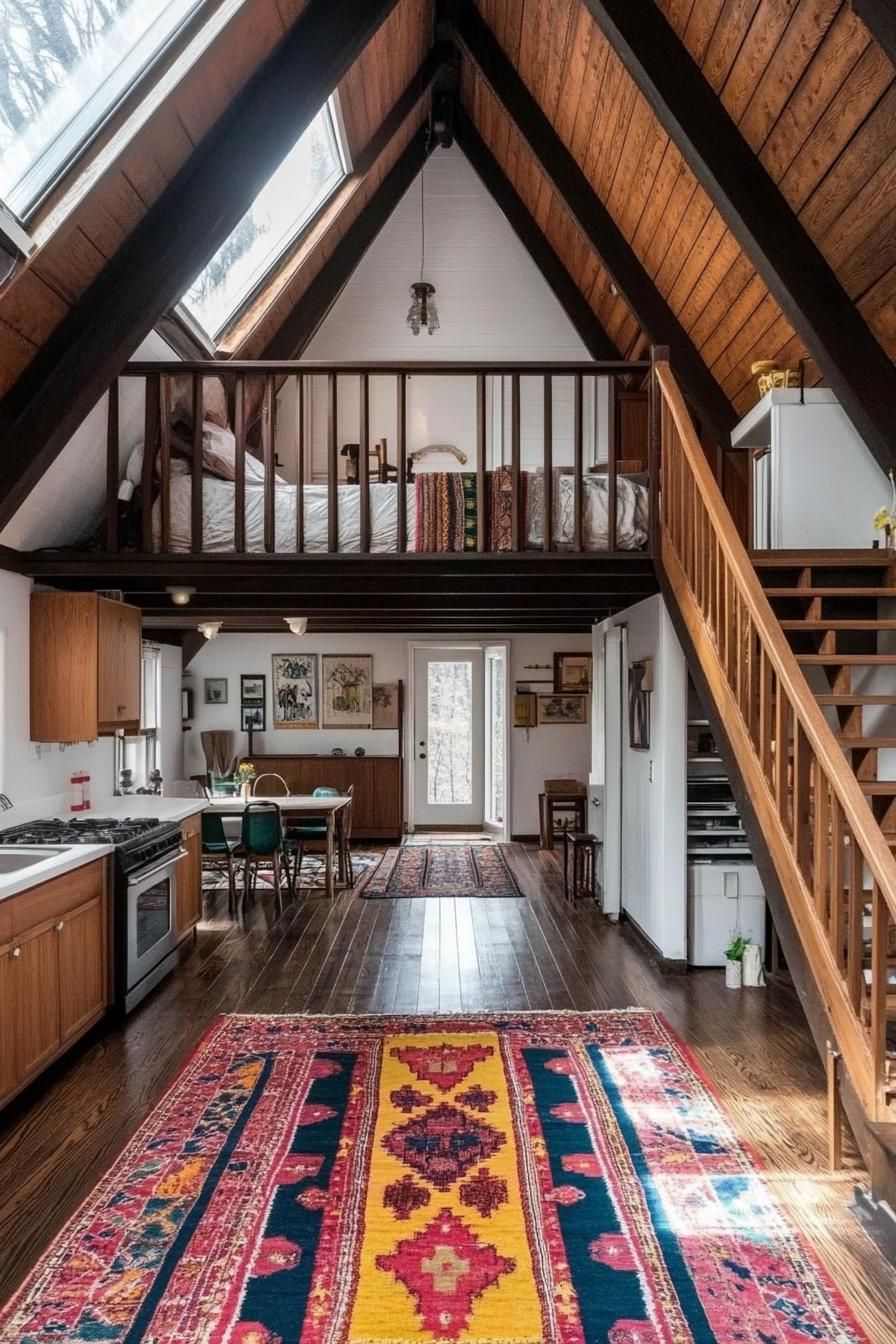 interior of a frame house with high ceiling in dark wood exposed wooden beams white walls kitchen on one side with shaker cabinets