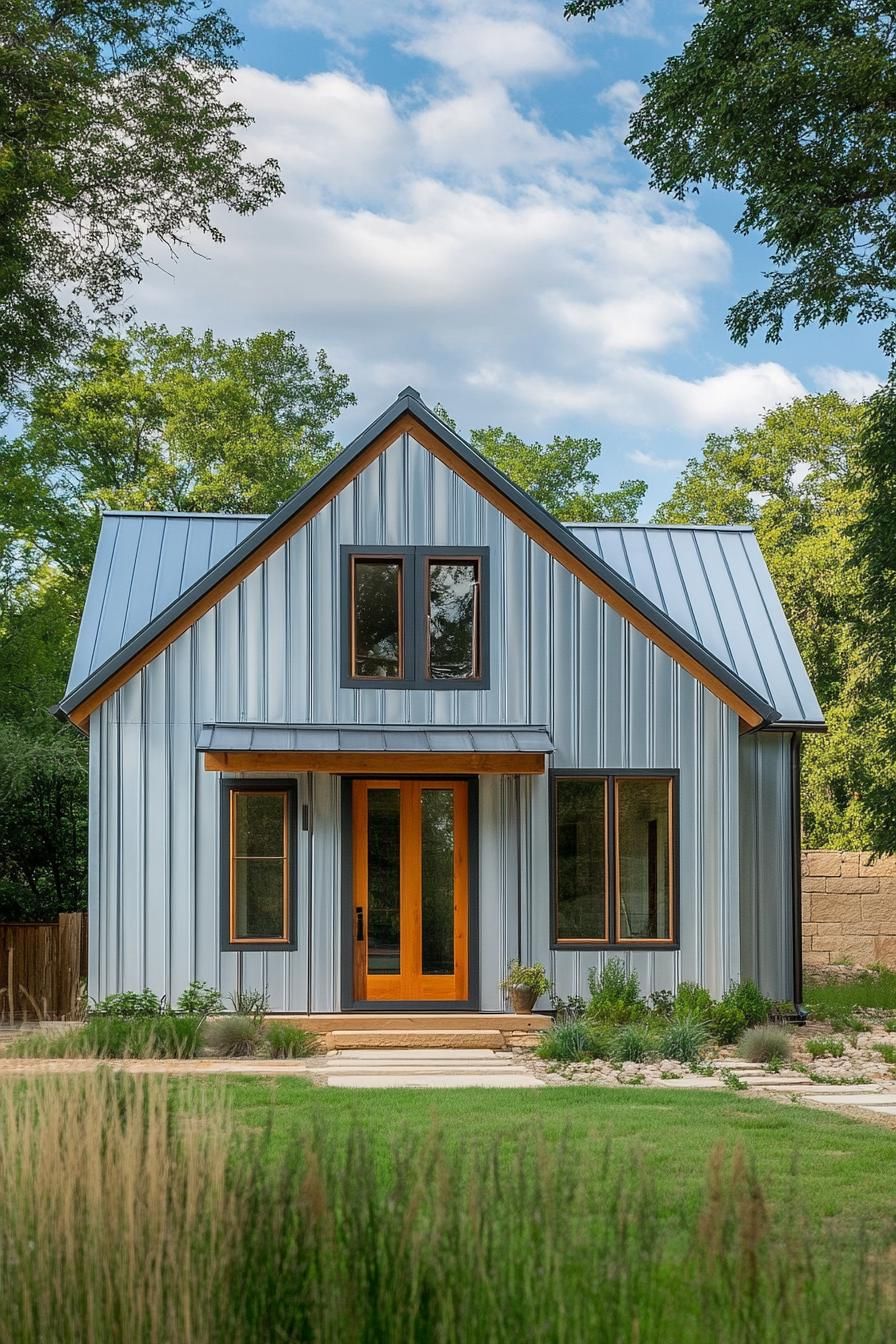 Small metal house with wooden accents and a gabled roof