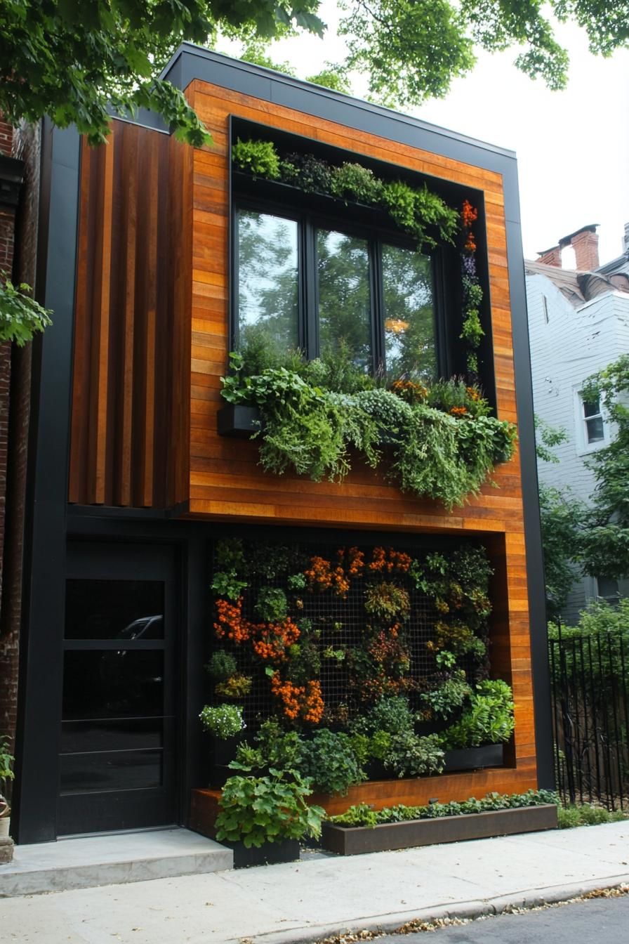 Vertical garden covering a modern wooden facade