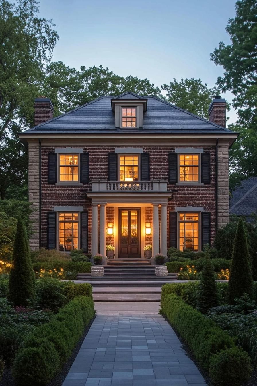 Classic Georgian house with warm lighting and manicured hedges