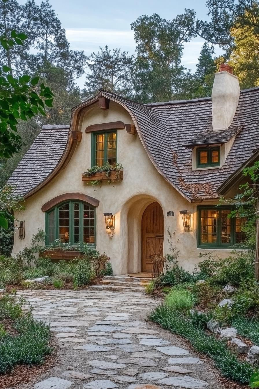 Quaint cottage with curved roof and stone path