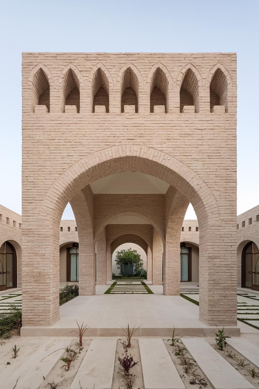 A series of arches in a beige brick structure