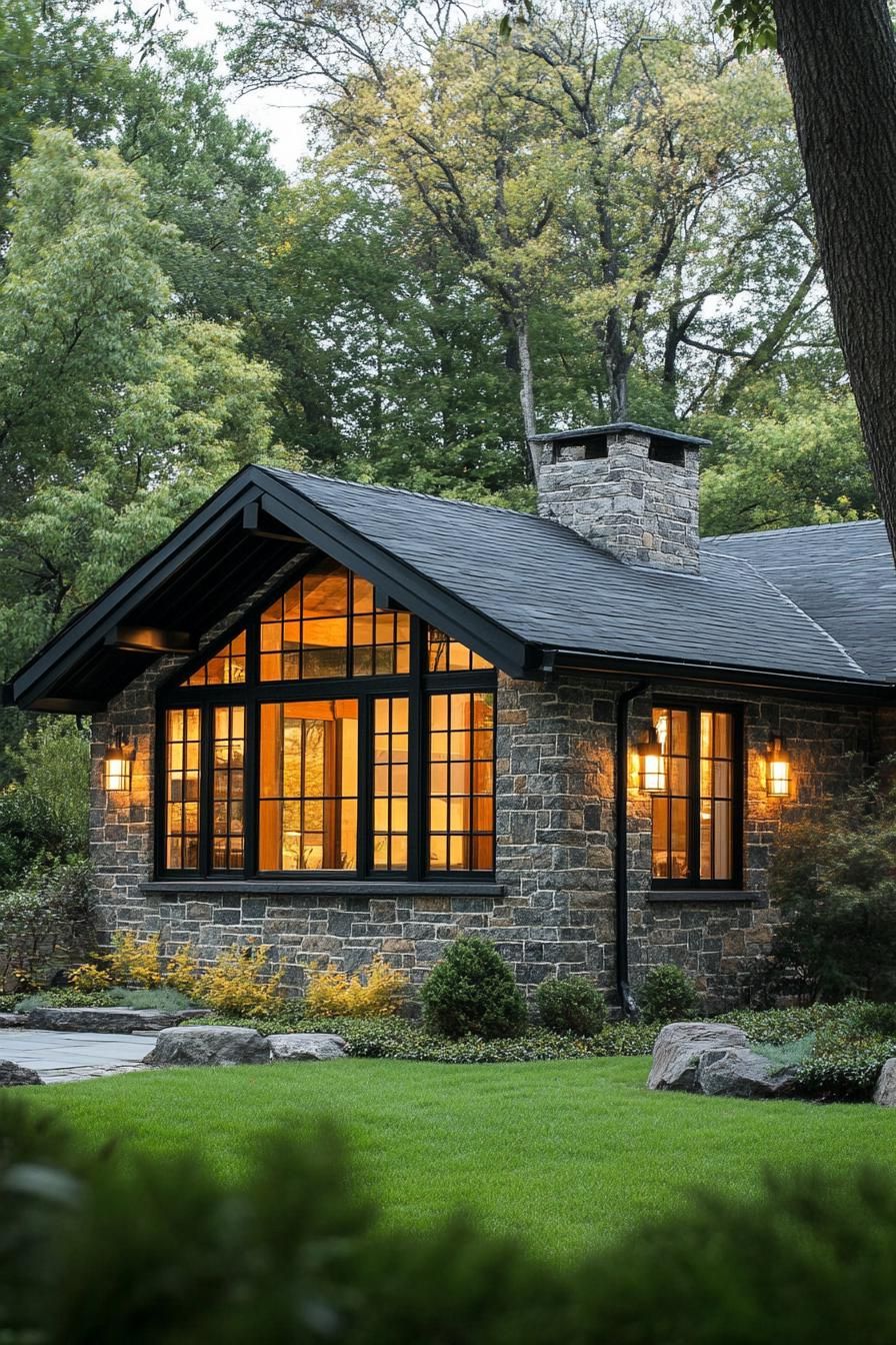 A cozy stone house surrounded by lush greenery