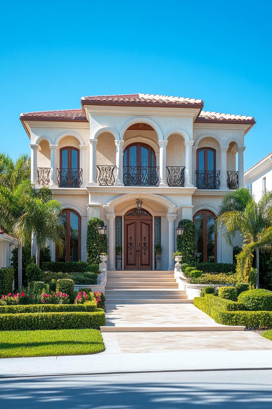 Luxury house with arched balconies and manicured garden