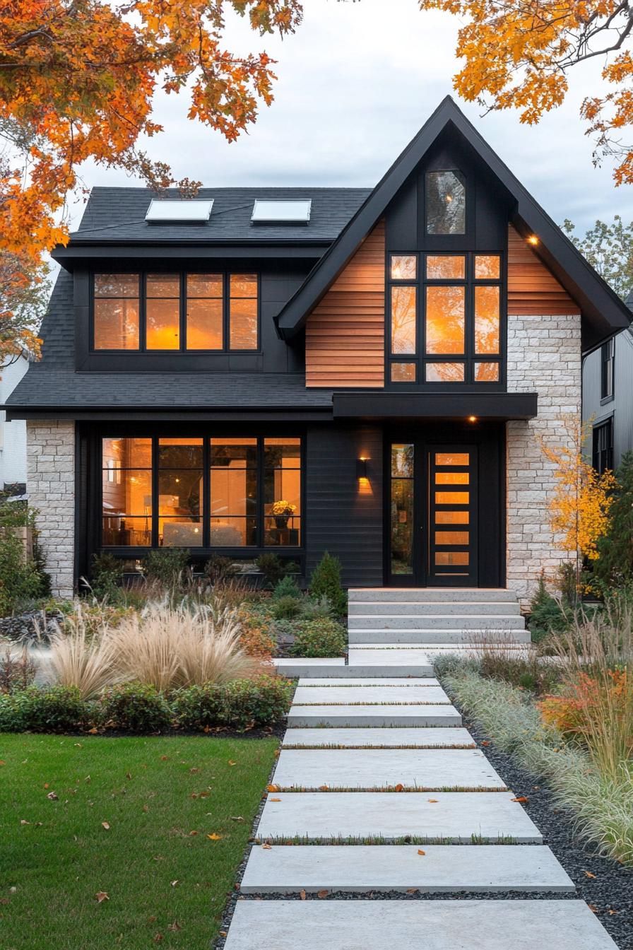 contemporary house cottage exterior with multi pitch roof distinct sections in different siding black vertical slats reclaimed wood horizontal 1