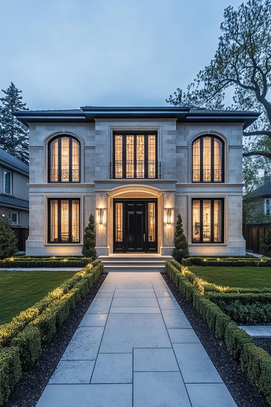 Luxury house with glowing windows and manicured garden