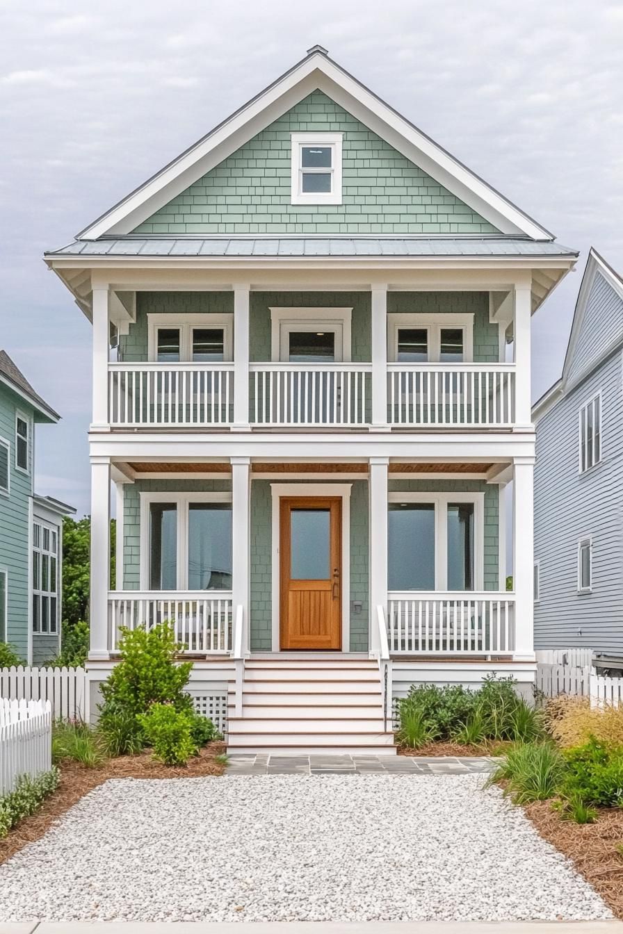 Two-story beach house in coastal style with light green siding and white trim