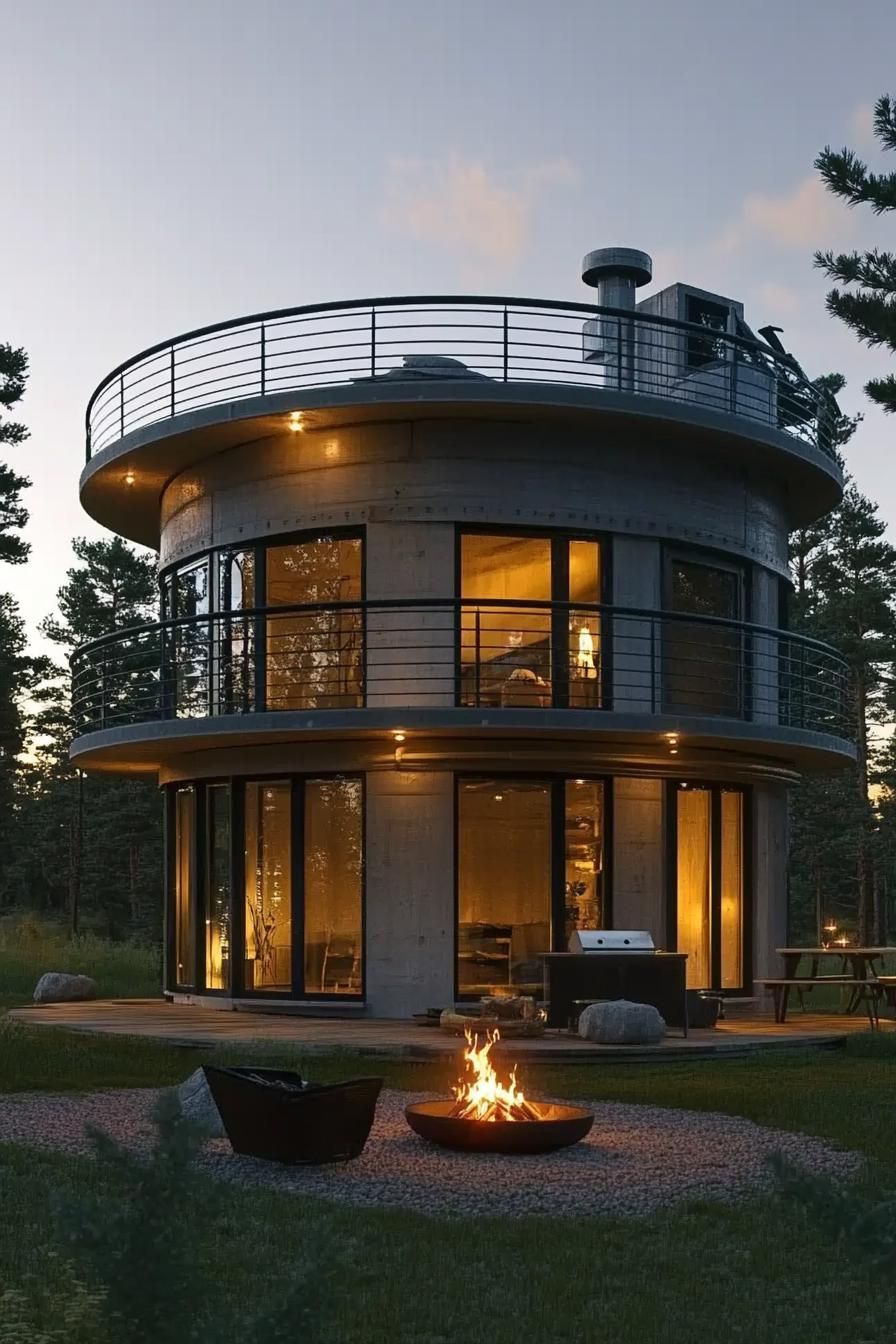 modern house made from grain silo it has a large balcony with railings large modern windows front yard with fire pit tall pines in the background