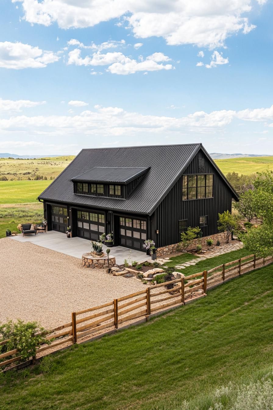 high angle view of a large black shouse barndominium with large side porch large patio and yard stone patio fence large garage doors wide