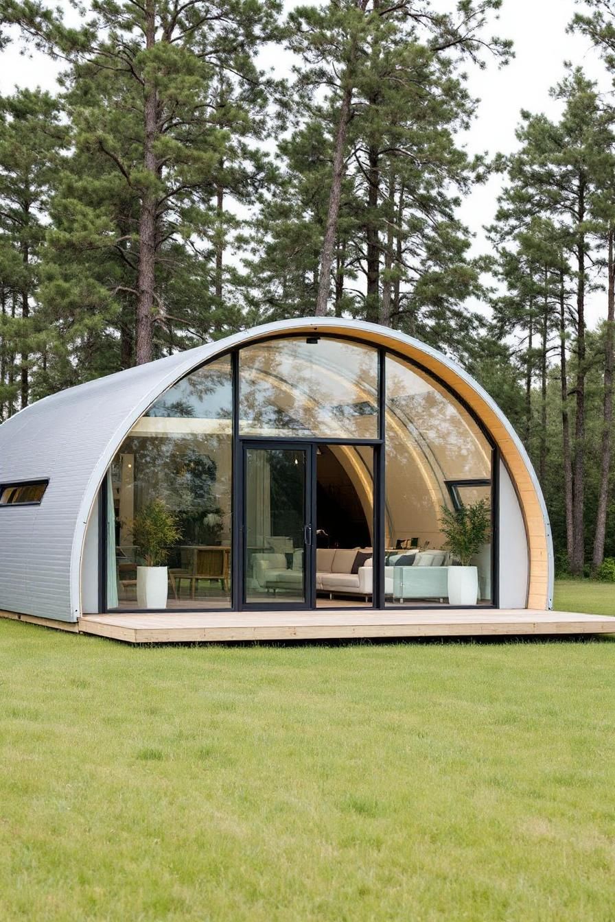 Modern Quonset hut nestled among trees with glass front