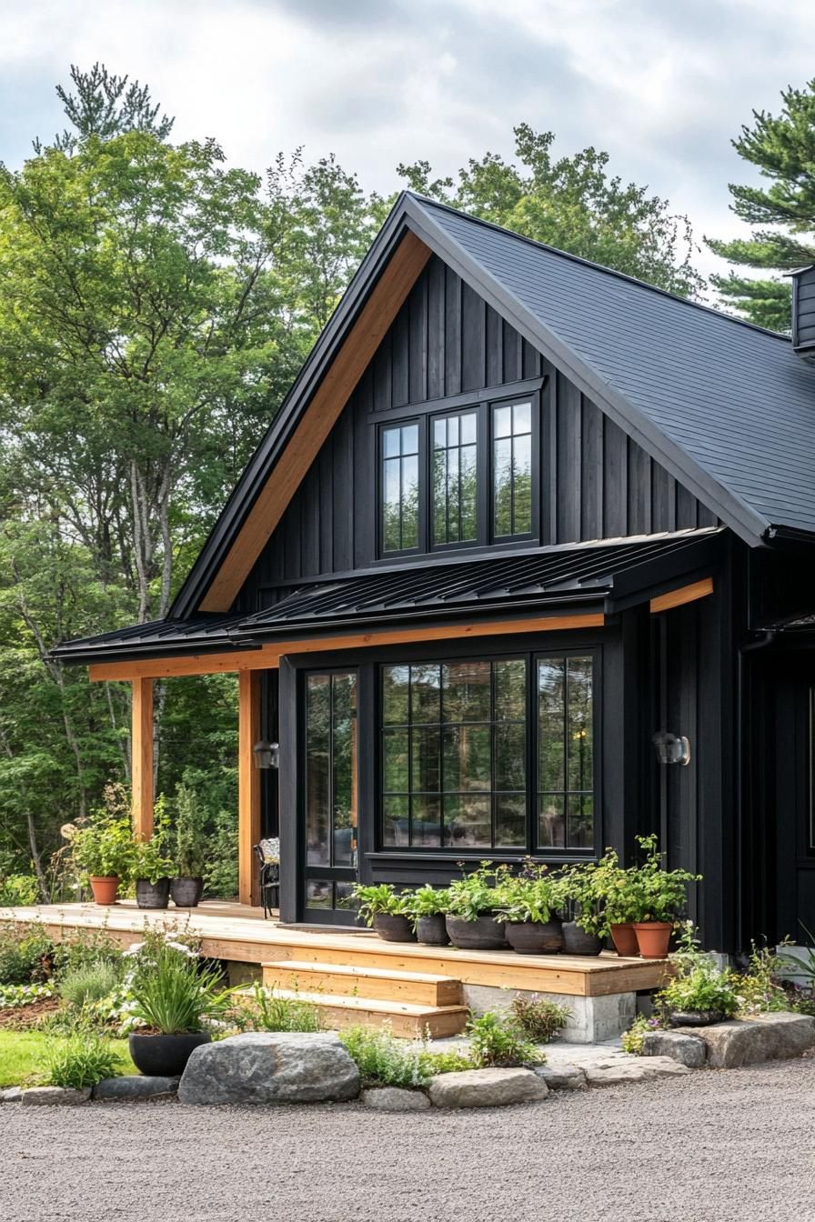 Black Scandinavian house with wooden accents and lush greenery