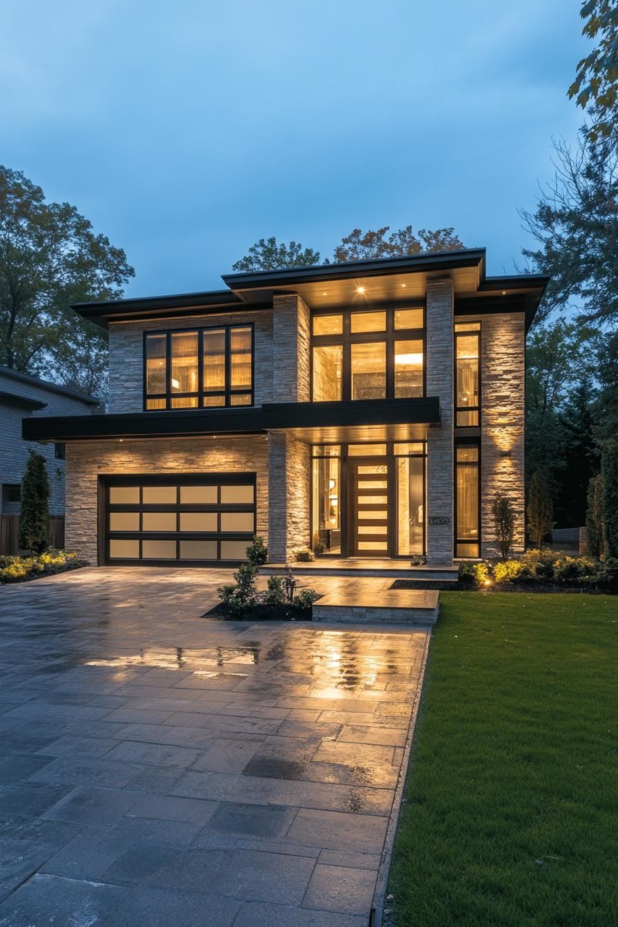 Modern two-story house with large glass windows and stone facade