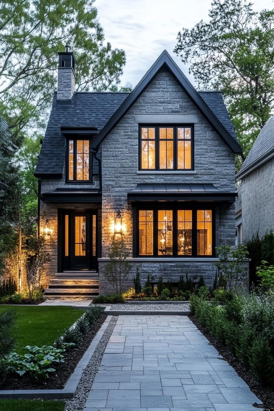 Stone house with glowing windows and a paved path