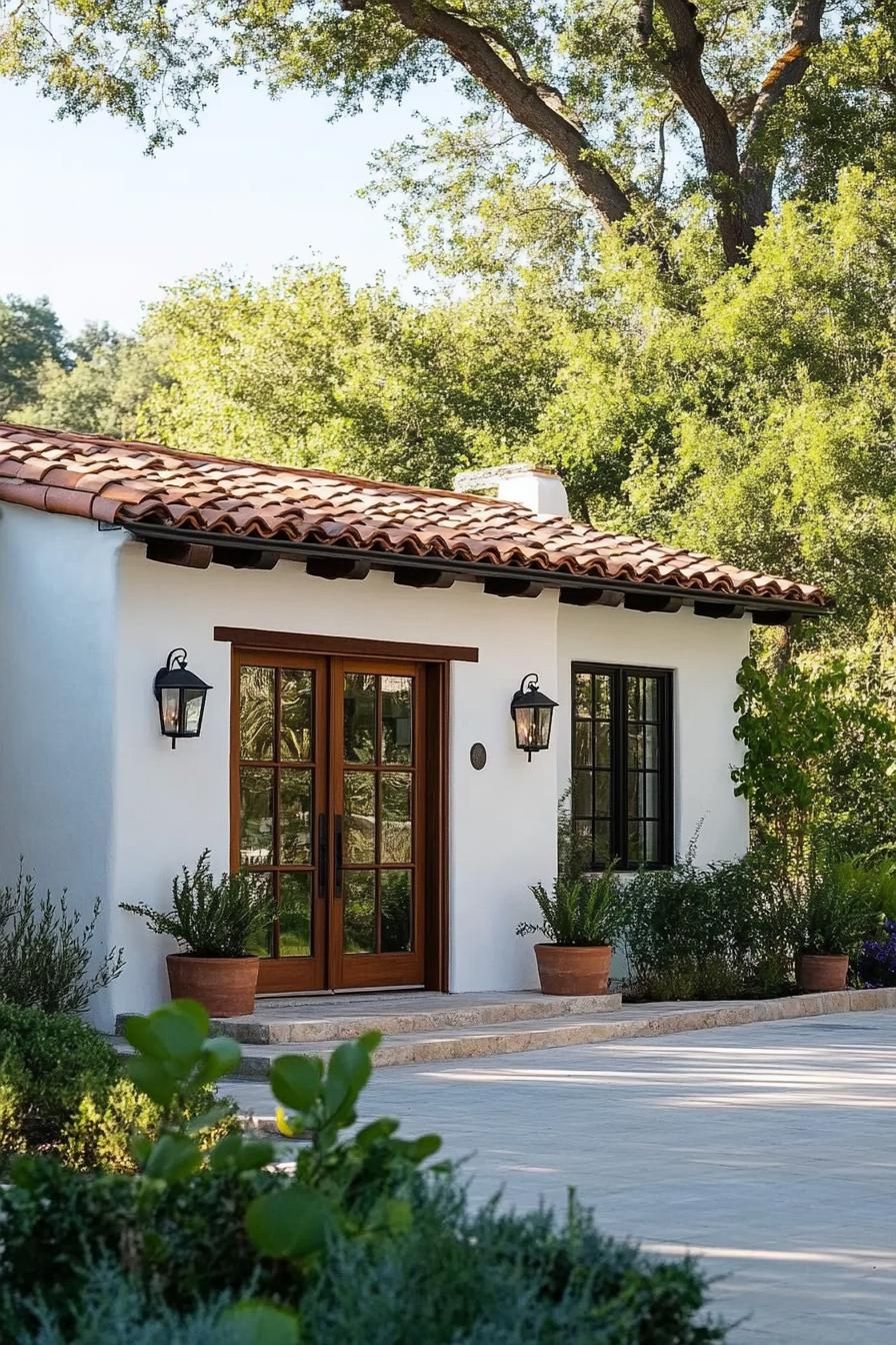 Spanish bungalow with terracotta roof surrounded by greenery