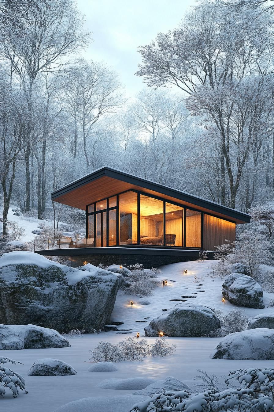 A modern glass cabin nestled in a snowy forest