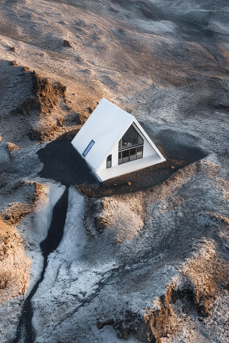 aerial view of a modern a frame house with white siding and white roof in stunning Icelandic landscape with thermal streams contrasting colors