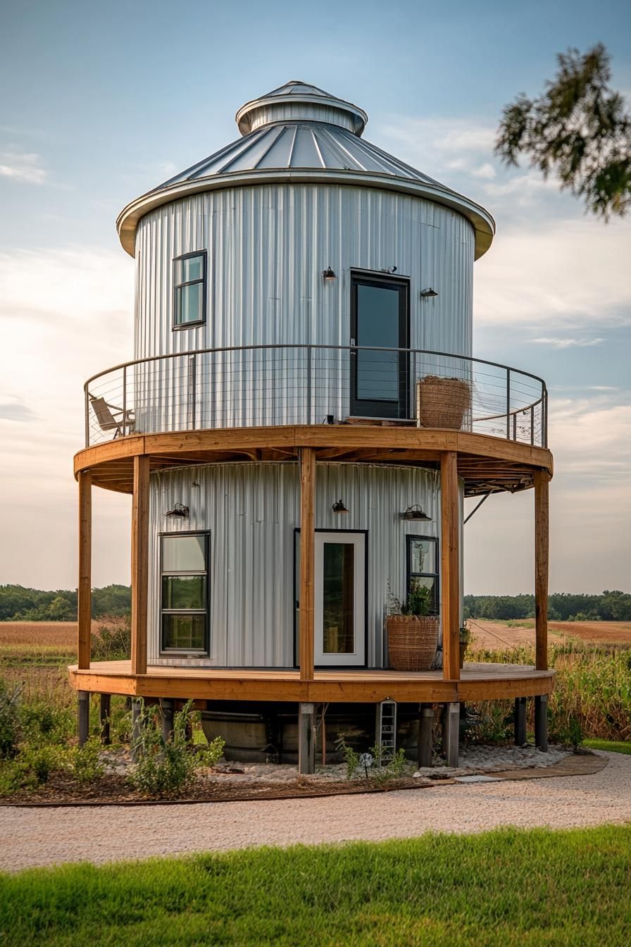 metal grain silo converted into two story home with wraparound balcony on wooden posts and it has railings theres a wooden deck around the silo 1