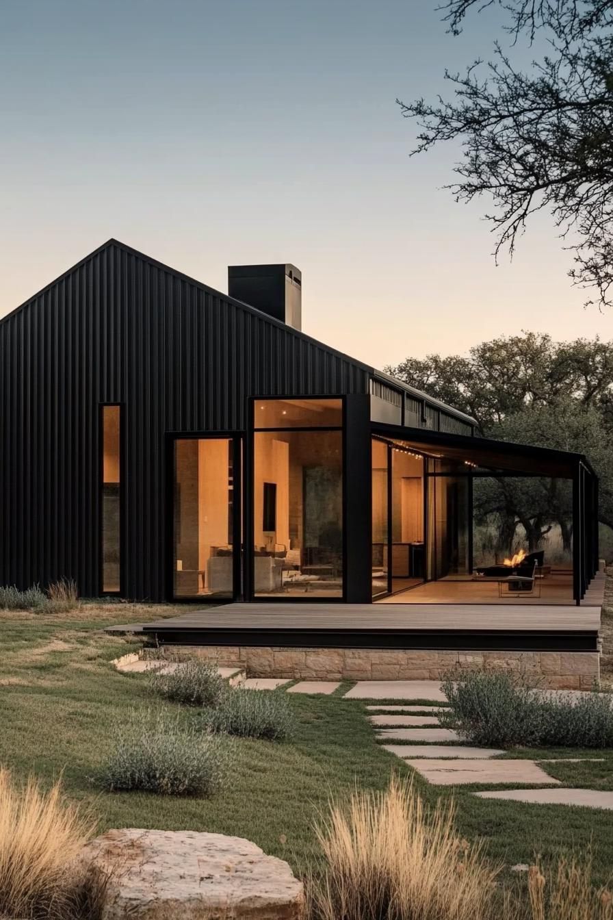 Contemporary barndominium with black exterior and large windows