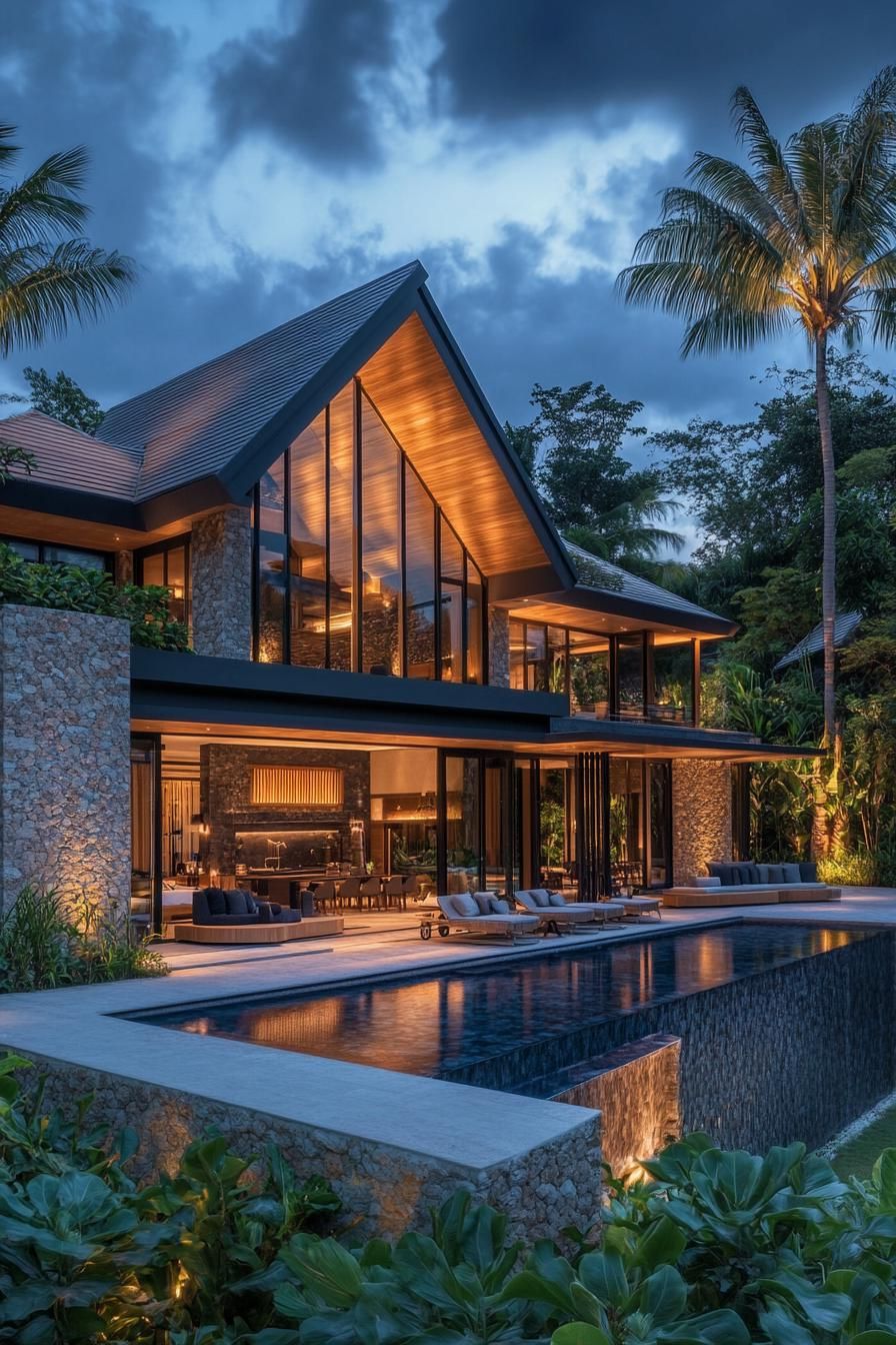 Modern Thai house with gabled roof and pool at dusk