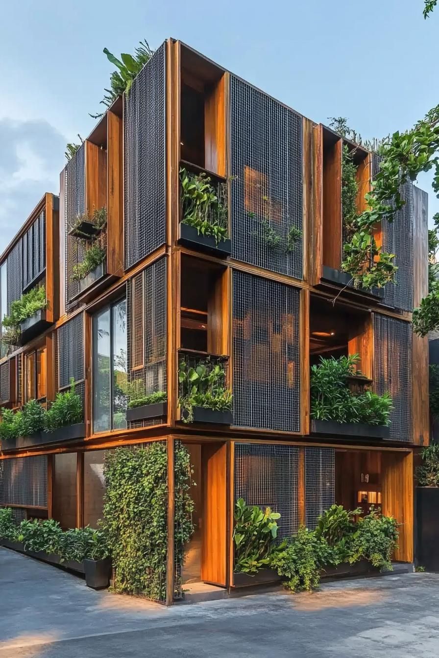 Lush wood facade with greenery