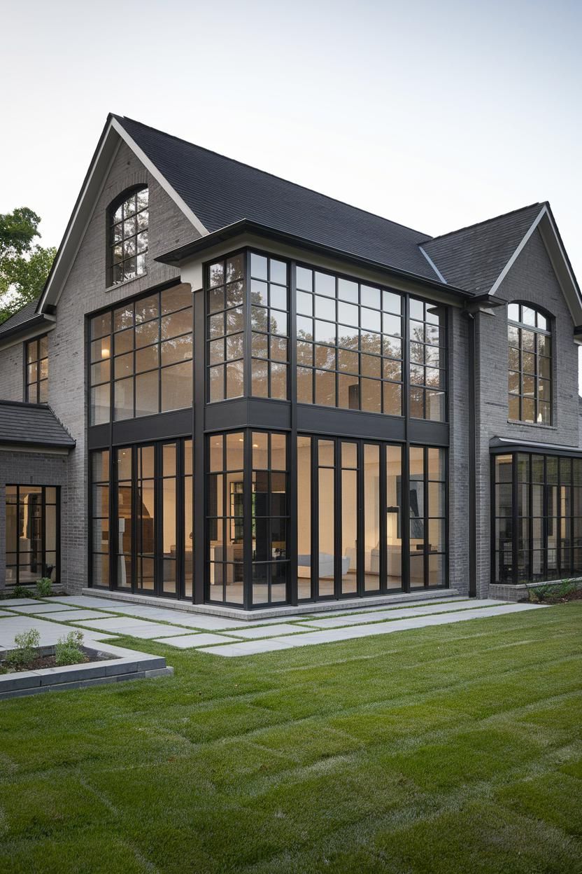 Modern suburban house with large windows and lush lawn