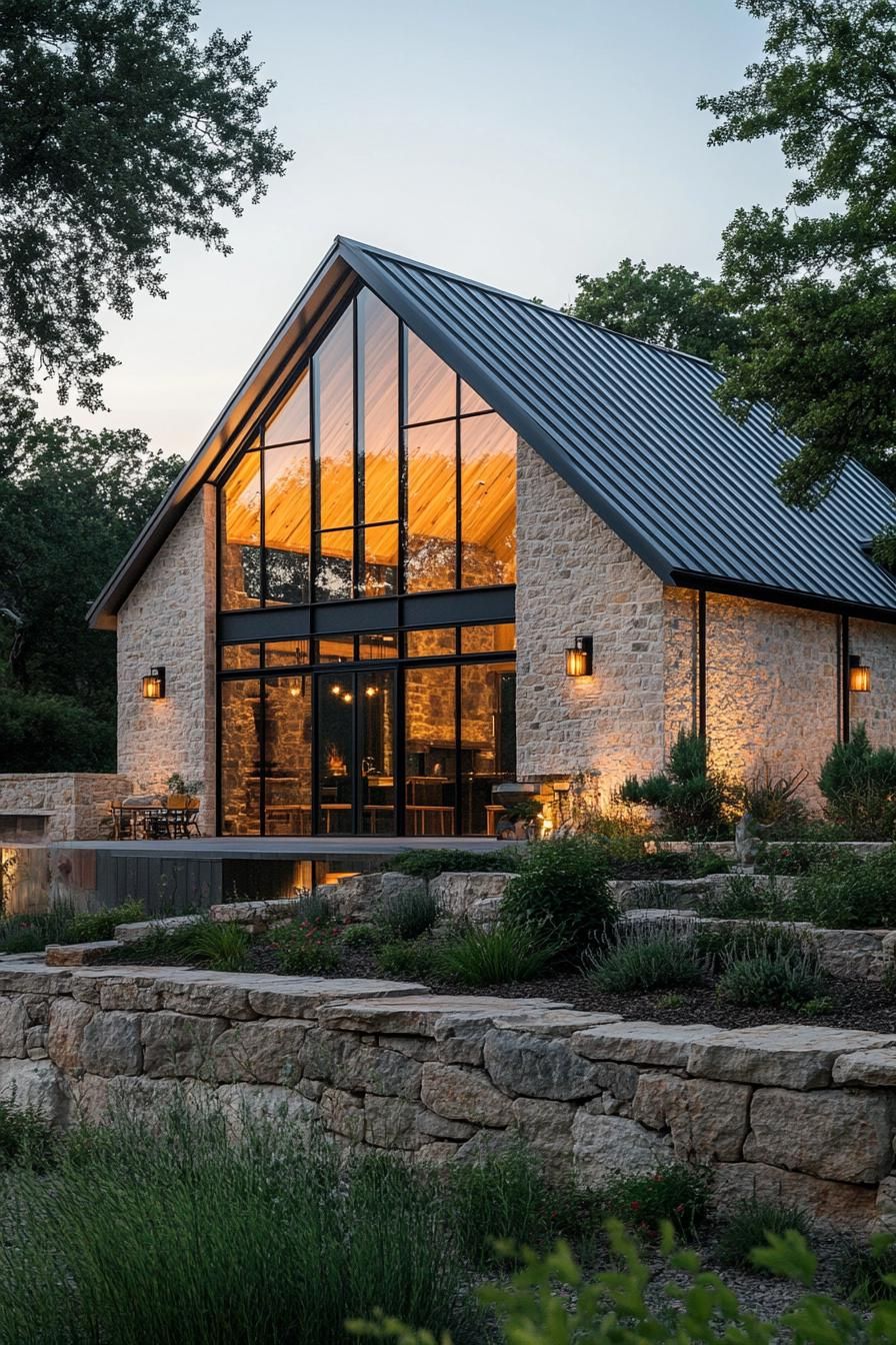 Modern stone barn with large glass windows and stylish lighting