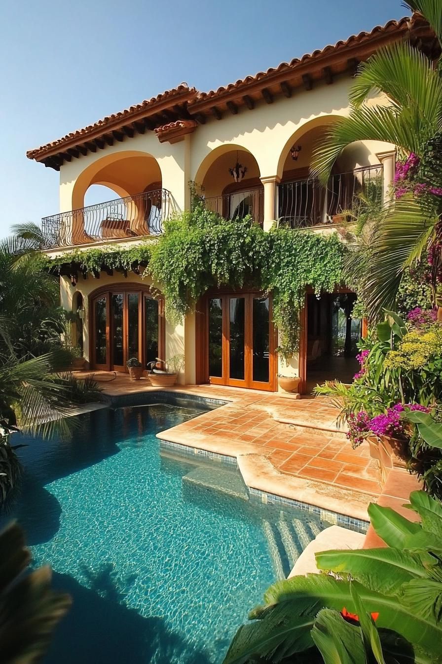 Spanish villa with lush greenery, vibrant tiles, and a sparkling pool