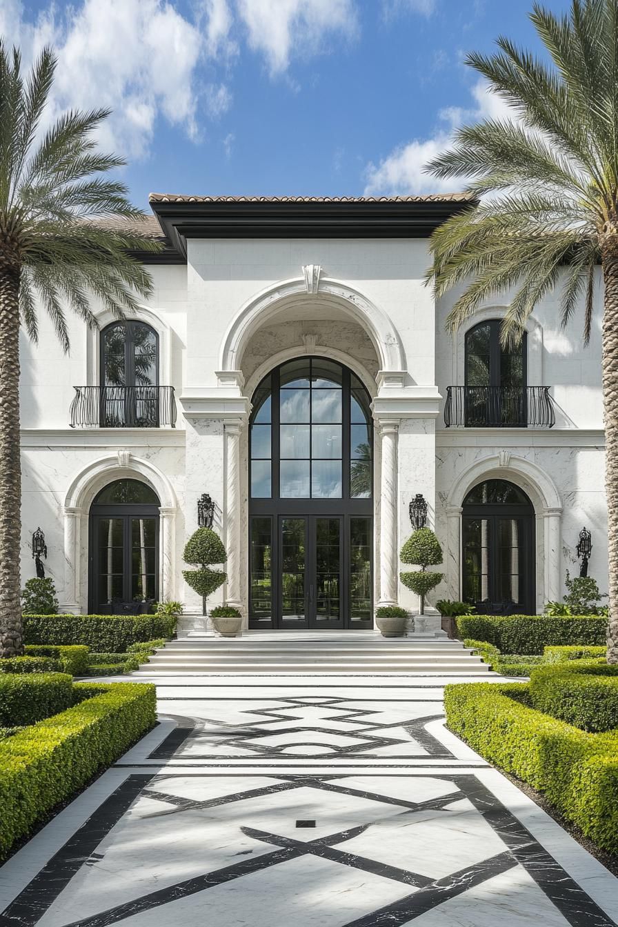 Sophisticated white villa with grand archway and palm trees