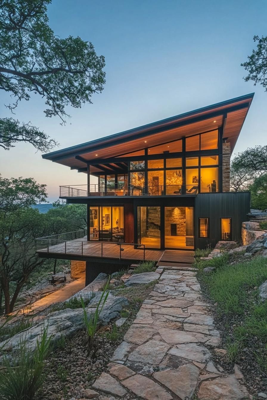 Modern house with large windows and slanted roof