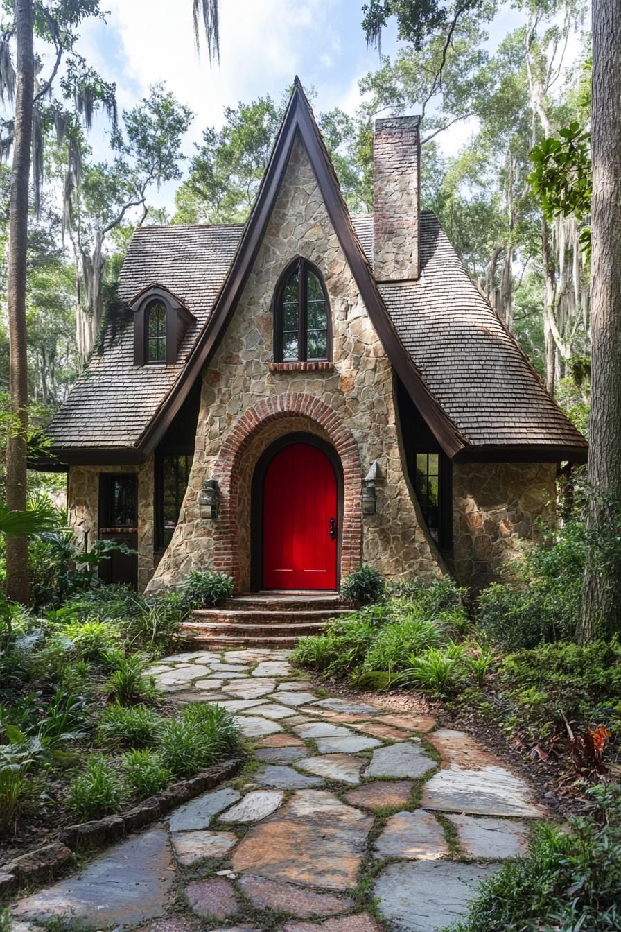 Stone cottage with red door and steep roof surrounded by trees