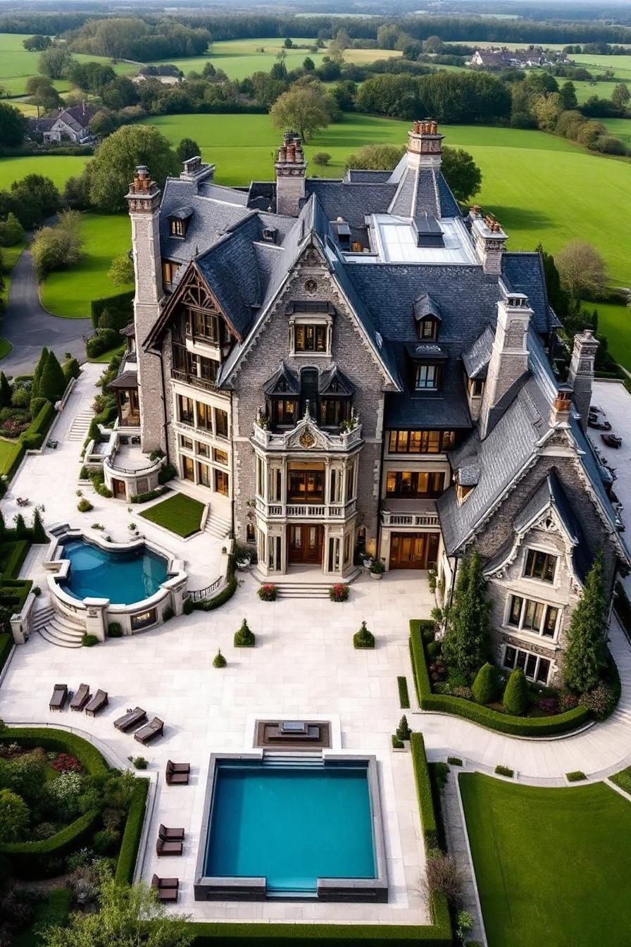 Massive mansion with turrets and a lush garden