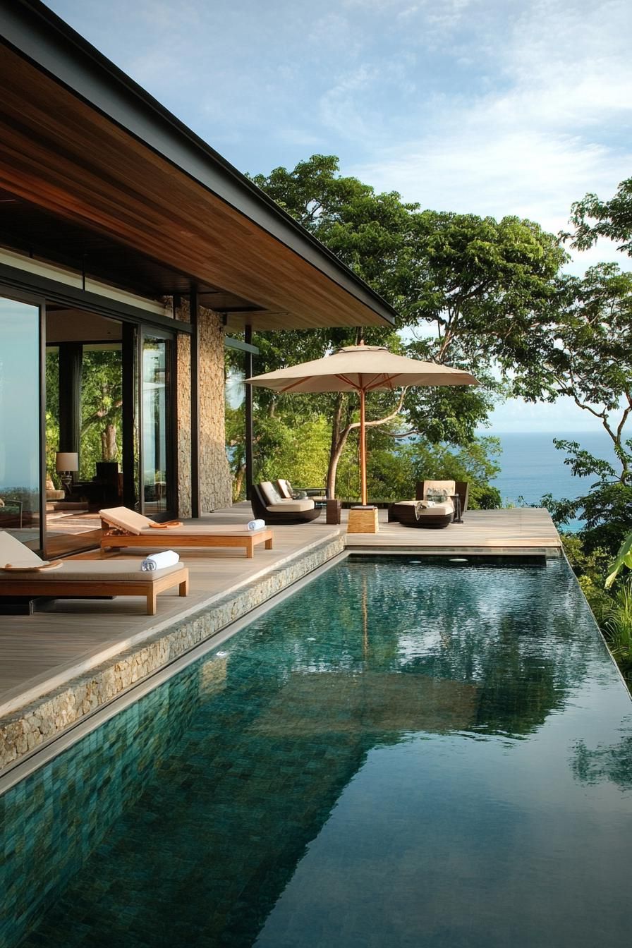 Modern tropical villa with infinity pool surrounded by lush greenery