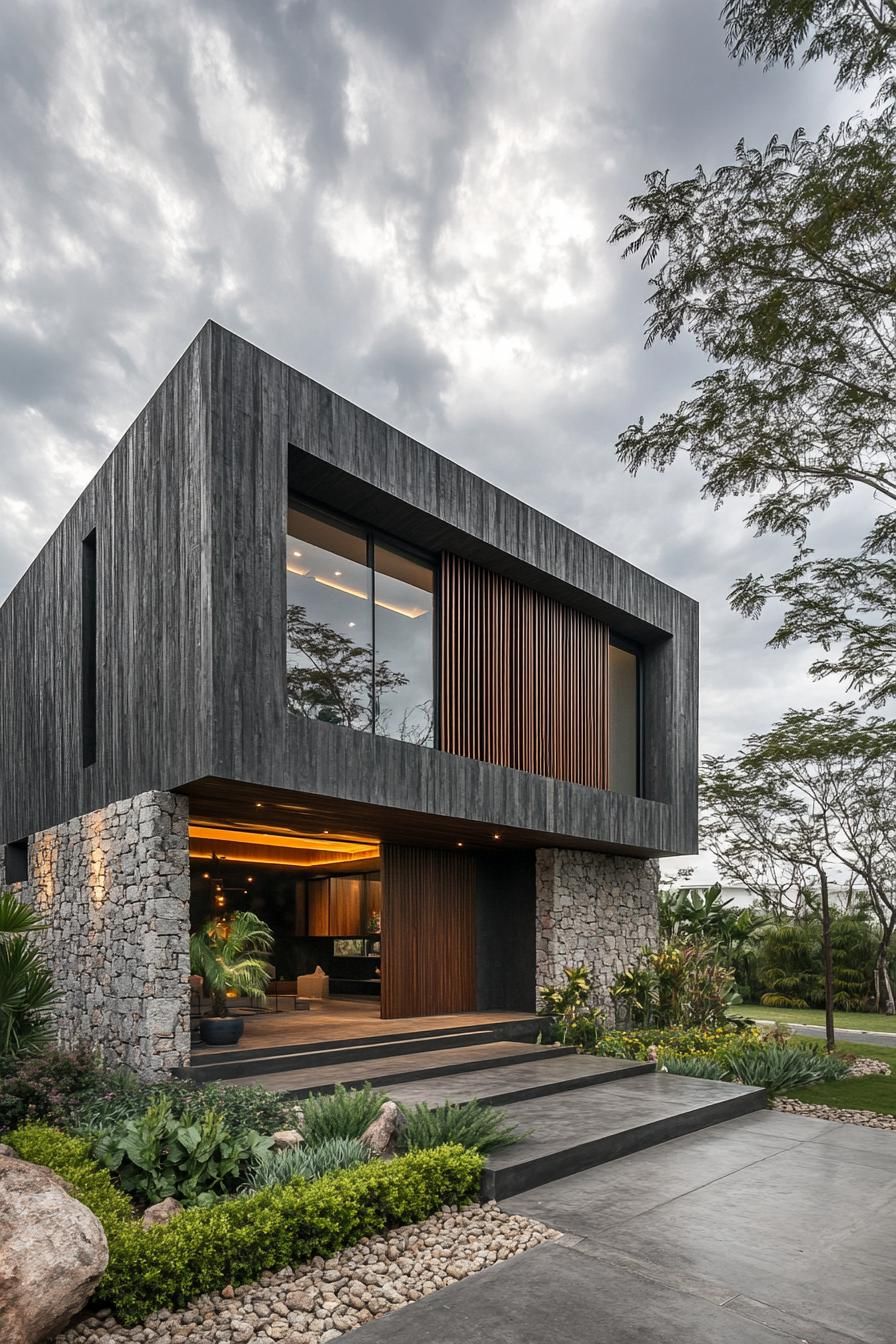 Modern house with stone and wooden facade