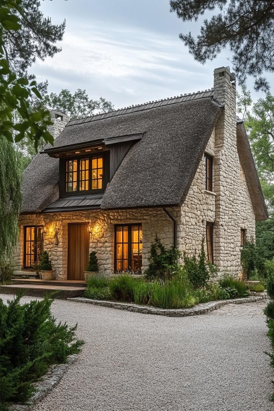 Charming stone cottage with warm glowing windows